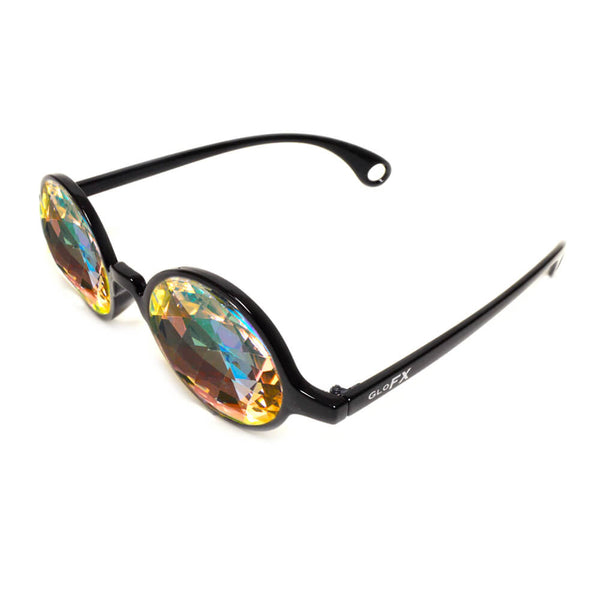 GloFX Black Frame Kaleidoscope Glasses with Bug Eye Rainbow Lenses [Flat Back] - PARACOSMIC