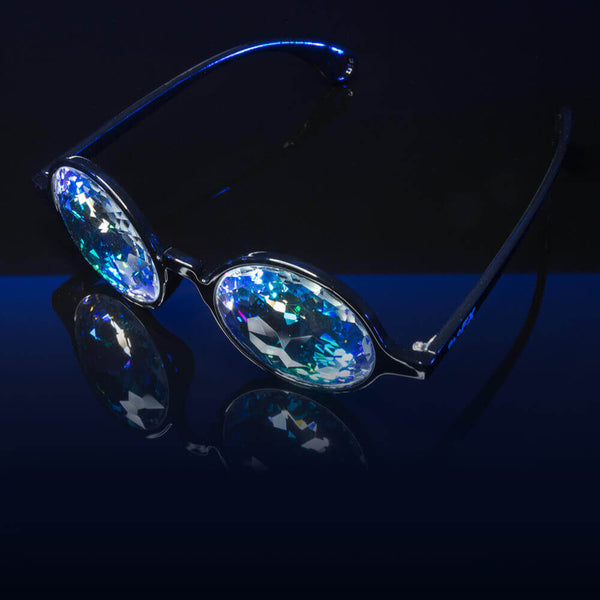 GloFX Black Frame Kaleidoscope Glasses with Rainbow Lenses - PARACOSMIC