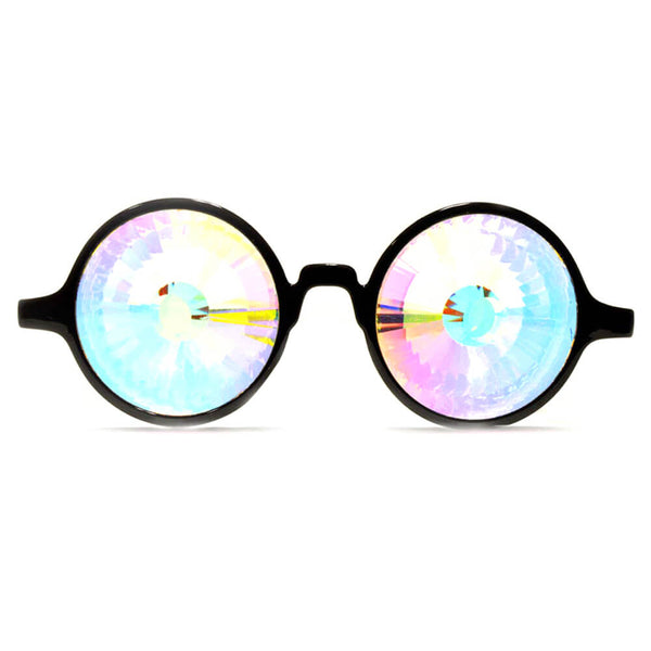 Black Frame Kaleidoscope Glasses with Rainbow WORMHOLE Lenses - PARACOSMIC